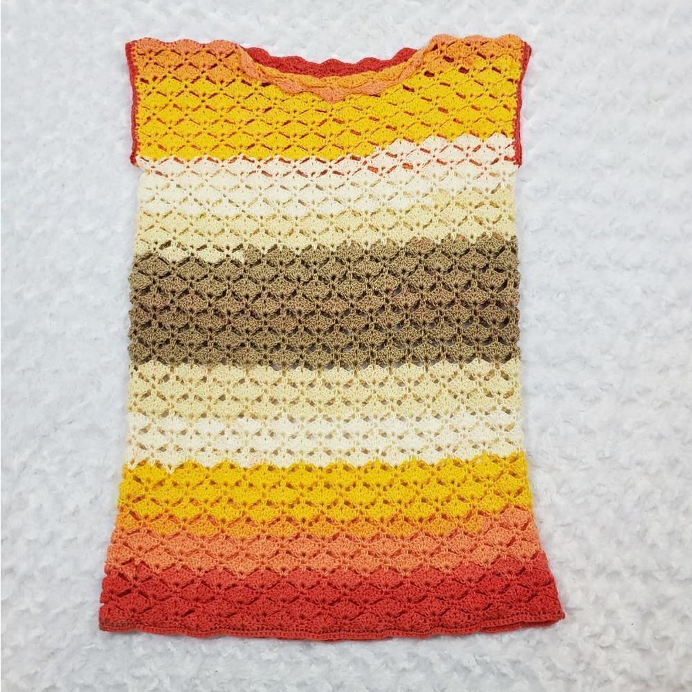 Handmade knit dress overlay 70s inspired sunset block colors